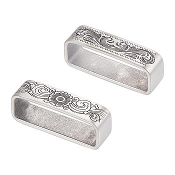 2Pcs 2 Style 304 Stainless Steel Loop Keepers, Men's Belt Buckle, Rectangle with Floral Pattern, Antique Silver, 45x12x7mm, Inner Diameter: 40.5x13mm & 45x17x12mm, Inner Diameter: 12.5x40mm, 1pc/style