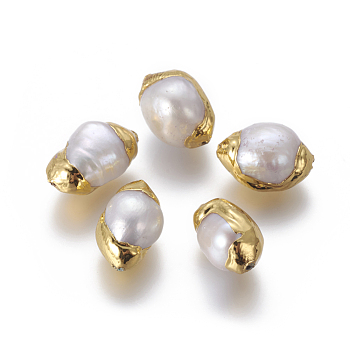 Natural Cultured Freshwater Pearl Beads, with Brass Findings, Nuggets, White, Golden, 14~22.5x10~14mm, Hole: 0.8mm