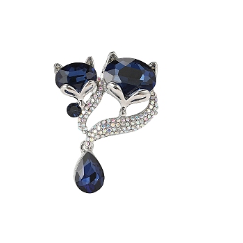 Alloy Rhinestone Brooch for Backpack Clothes, Fox, Dark Indigo, 39x49mm