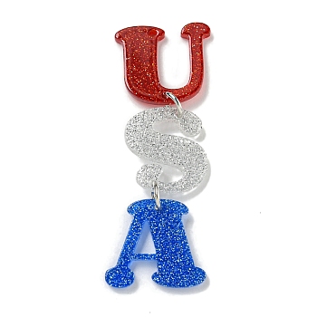 Independence Day Acrylic Iron Pendants, USA, Letter, 57x19x2.5mm, Hole: 1mm