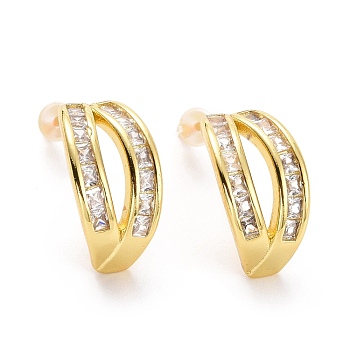 Clear Cubic Zirconia Twist Oval Stud Earrings, Brass Jewelry for Women, Cadmium Free & Lead Free, Light Gold, 17x7x9mm, Pin: 0.9mm