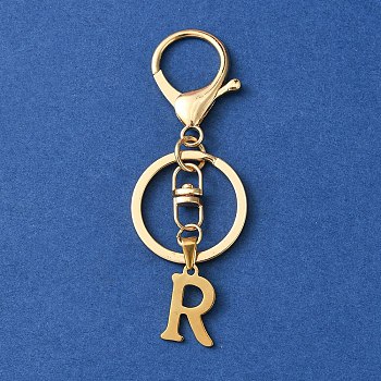 304 Stainless Steel Initial Letter Charm Keychains, with Alloy Clasp, Golden, Letter R, 8.5cm