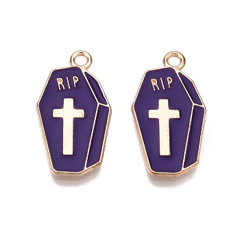 Halloween Theme Alloy Enamel Pendants, Cadmium Free & Lead Free, Light Gold, Coffin with Cross Charm, Indigo, 23.5x12.5x1.5mm, Hole: 1.8mm