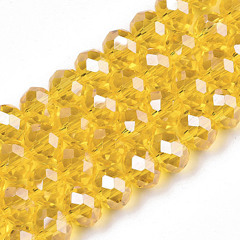 Electroplate Glass Beads Strands, Pearl Luster Plated, Faceted, Rondelle, Yellow, 6x5mm, Hole: 1mm, about 83~85pcs/strand, 38~39cm