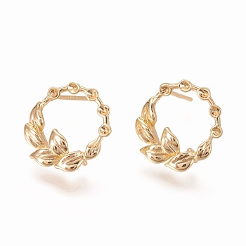 Brass Ear Stud Components, Real 18K Gold Plated, Olive Branch, 13.5x14.5mm, Pin: 0.9mm