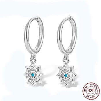 Rhodium Plated 925 Sterling Sliver Dangle Hoop Earrings, Sun with Eye, Platinum, 22x7mm