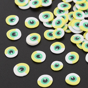 Handmade Polymer Clay Cabochons, Flat Round with Evil Eye, Yellow, 5~6x0.5~1mm, about 50000pcs/1000g