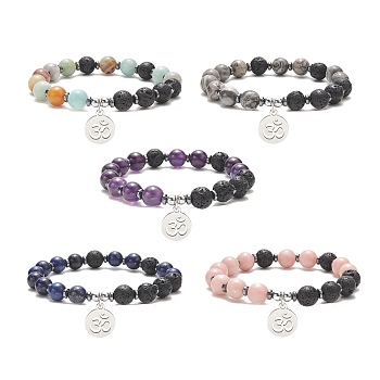 Natural & Synthetic Mixed Gemstone & Lava Rock Beaded Stretch Bracelet, 304 Stainless Steel Yoga Theme Adjustable Bracelet for Women, Inner Diameter: 2-1/4 inch(5.6cm)