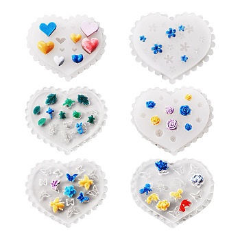 6Pcs 6 Styles DIY Flower & Animal & Heart Shape Nail Art Ornament Silicone Molds, Resin Casting Molds, for UV Resin & Epoxy Resin Jewelry Making, White, 56~60x66.5~70x4.5~7mm, 1pc/style