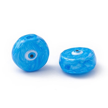 Glass Beads, with Enamel, Flat Round with Evil Eye Pattern, Deep Sky Blue, 14~14.5x9mm, Hole: 1.2mm