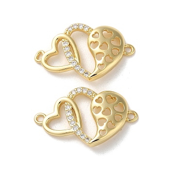 Brass Micro Pave Clear Cubic Zirconia Double Heart Links Connector Charms, Real 16K Gold Plated, 14.5x24x3.5mm, Hole: 1.4mm