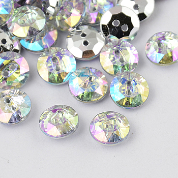 2-Hole Taiwan Acrylic Rhinestone Flat Round Buttons, Faceted & Silver Plated Pointed Back, Clear, 10x4mm, Hole: 1mm
