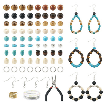DIY Earring Making Kit, Including Round & Barrel & Rice Wood & Synthetic Turquoise Beads, Brass Earring Hooks, Pliers, Copper Wire, Mixed Color, 362Pcs/box
