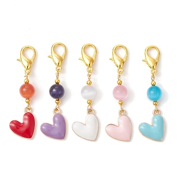 Alloy Enamel Heart Pendants Decorations, Cat Eye Beads and Lobster Claw Clasps Charm, Mixed Color, 51mm