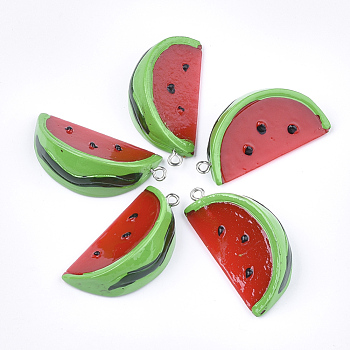 Resin Pendants, with Platinum Tone Iron Findings, Imitation Food, Watermelon, Red, 38~39x19~19.5x13~14mm, Hole: 2mm
