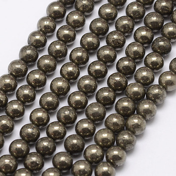 Natural Pyrite Beads Strands, Round, Dark Khaki, 6mm, Hole: 1mm