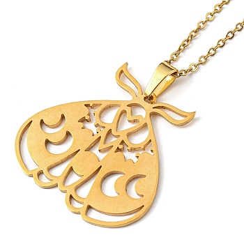 201 Stainless Steel Moth with Moon Phase Pendant Necklace with Cable Chain, Golden, 17.64 inch(44.8cm)