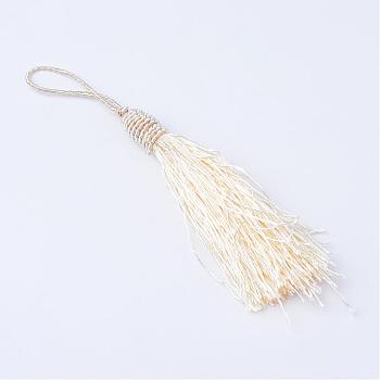 Polyester Tassel Decorations, Pendant Decorations, with Metallic Cord, Beige, 95~101x11~12mm