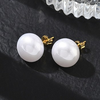Brass & ABS Plastic Imitation Pearl Stud Earrings for Women, Round, Long-Lasting Plated, Rack Plating, Lead Free & Cadmium Free, Golden, White, 13.5mm