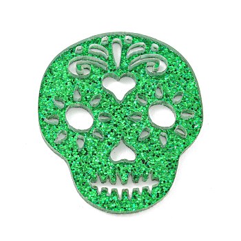 Halloween Themed Acrylic Pendants, with Glitter, Skull Charms, Green, 38x33~34x2mm, Hole: 1mm