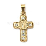 304 Stainless Steel Crystal Rhinestone Pendants, Religion Charms, with 201 Stainless Steel Snap On Bails, Ion Plating(IP), Saint Benedict Cross, 27.5x17.5x3mm, Hole: 5.5x3.2mm(STAS-F336-15G-01)