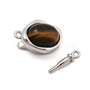 Brass Box Clasps, with Natural Tiger Eye, Oval, 11.5x19x9mm, Hole: 1.2mm(KK-C075-13P-01)