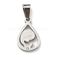 304 Stainless Steel Pendants, with Rhinestone, Teardrop with Human Charm, Stainless Steel Color, 18x12x2mm, Hole: 7x3mm(STAS-D087-03P)