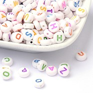 Initial Acrylic Horizontal Hole Beads, Mixed Letters, Flat Round, White, 7x4mm, Hole: 1.3mm, about 350pcs/50g(X-OACR-E001-20)