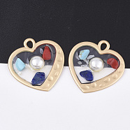 Epoxy Resin Pendants, with ABS Plastic Imitation Pearl and Natural & Synthetic Gemstone Chip, Alloy Findings and Shell, Heart, Matte Gold Color, Colorful, 35x33.5x5.5mm, Hole: 3x4.5mm(X-RESI-S365-70)