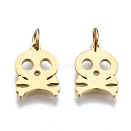 304 Stainless Steel Charms, with Jump Rings, Laser Cut, Skull, for Halloween, Real 14K Gold Plated, 11x8x1mm, Jump Ring: 3.8x0.6mm, 2.6mm inner diameter(STAS-S116-359G)