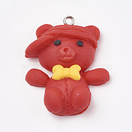 Handmade Polymer Clay Pendants, with Iron Findings, Bear, Platinum, Red, 35.5x29x11mm, Hole: 2mm(X-CLAY-T012-16)