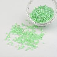 8/0 Ceylon Round Glass Seed Beads, Pale Green, Size: about 3mm in diameter, hole:1mm, about 1101pcs/50g(X-SEED-A011-3mm-144)