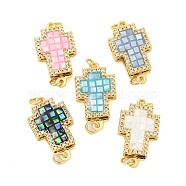 Rack Plating Brass Micro Pave Cubic Zirconia & Shell & Enamel Box Clasps, Cadmium Free & Lead Free, Long-Lasting Plated, Cross, Mixed Color, 19.5x11x4mm, Hole: 2.5mm(KK-S373-06G)