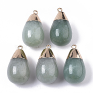 Top Golden Plated Natural Green Aventurine Pendants, with Iron Loop, Teardrop, 28~29.5x16mm, Hole: 1.6mm(G-T131-02D)