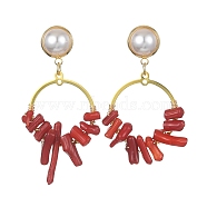 Dyed Synthetic Coral Irregular Column Beaded Dangle Stud Earrings, Brass Long Drop Earrings for Women, Golden, 50~58x29~31mm(EJEW-TA00293)