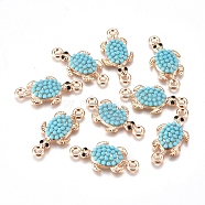 Alloy Links Connectors, with Dark Turquoise Seed Beads & Black Diamond Rhinestone, Turtle, Golden, 26x12.5x3.5mm, Hole: 1.8mm(ALRI-TAC0003-02G)