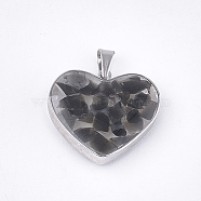 Natural Black Agate Pendants, with Glass and 304 Stainless Steel Findings, Heart, Stainless Steel Color, 19x21x6mm, Hole: 3x5.5mm(STAS-T043-01N)