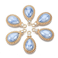 Porcelain Pendants, with Light Gold Plated Brass Findings and Crystal Rhinestone, Teardrop, CornflowerBlue, 24x14x5mm, Hole: 1.8mm(KK-N235-040A)