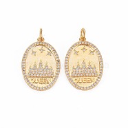Brass Micro Pave Clear Cubic Zirconia Pendants, Nickel Free, Oval with Star, Real 18K Gold Plated, 22x15x2mm, Jump Ring: 5x0.5mm, Inner Diameter: 3mm.(KK-S356-744)