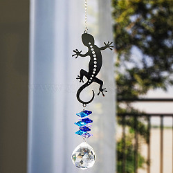 Metal Hanging Ornaments, Glass Round Tassel Suncatchers for Home Garden Decorations, Lizard, 400x55mm(PW-WGA224D-02)