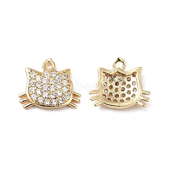 Brass Micro Pave Cubic Zirconia Charms, Real 18K Gold Plated, Cat Head Charm, Clear, 11x13x3mm, Hole: 1.2mm(KK-M233-54G)