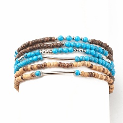 6Pcs 6 Style Natural Coconut & Synthetic Turquoise Beaded Stretch Anklets Set with Brass Tube, Stackable Summer Anklets for Women, Mixed Color, Inner Diameter: 2-3/4 inch(7cm), 1Pc/style(AJEW-AN00482)