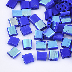 2-Hole Glass Seed Beads, Half Rainbow Plated Colours, Square, Blue, 5x4.5~5.5x2~2.5mm, Hole: 0.5~0.8mm, about 118pcs/10g(X-SEED-S031-L-048-R)