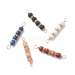 Natural Mixed Gemstone Connector Charms, with Golden Tone Copper Wire Wrapped and Brass Rhinestone Spacer Beads, Round, Mixed Dyed and Undyed, 43x6.5mm, Hole: 4mm(PALLOY-JF01891)