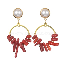 Dyed Synthetic Coral Irregular Column Beaded Dangle Stud Earrings, Brass Long Drop Earrings for Women, Golden, 50~58x29~31mm(EJEW-TA00293)