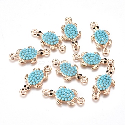 Alloy Links Connectors, with Dark Turquoise Seed Beads & Black Diamond Rhinestone, Turtle, Golden, 26x12.5x3.5mm, Hole: 1.8mm(ALRI-TAC0003-02G)