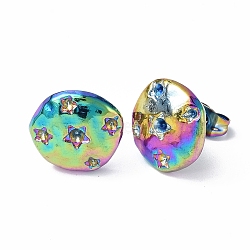 Ion Plating(IP) 304 Stainless Steel Stud Earring Findings, with Rhinestone Settng and Ear Nuts, Flat Round with Star, Rainbow Color, Fit For 1~1.5mm Rhinetstone, 12.5~13mm, Pin: 0.7mm(STAS-F286-18MC)