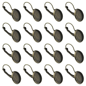 10Pcs Brass Leverback Earring Findings, Flat Round Earring Settings, Antique Bronze, 25x14mm, Tray: 12mm