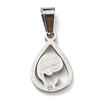 304 Stainless Steel Pendants, with Rhinestone, Teardrop with Human Charm, Stainless Steel Color, 18x12x2mm, Hole: 7x3mm