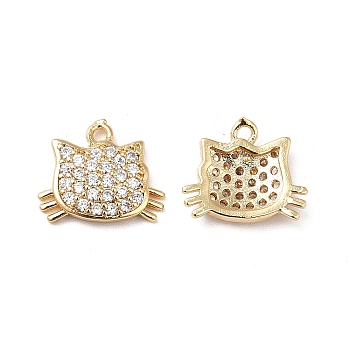 Brass Micro Pave Cubic Zirconia Charms, Real 18K Gold Plated, Cat Head Charm, Clear, 11x13x3mm, Hole: 1.2mm